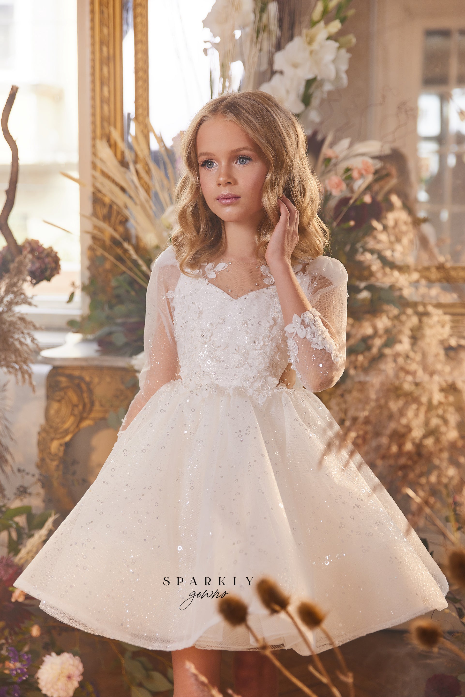 Stylish White Flower Girls Dress For Wedding Party High Neck Baptism Gowns  Tulle Full Sleeve Appliques Kid Holy Communion Gown