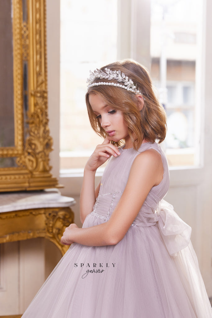 little princess communion dresses One-Shoulder Voluminous Sleeve Princess Flower Girl Communion Dress Celestial 3203 Pre-order 11-12 years / As in the photo Grey