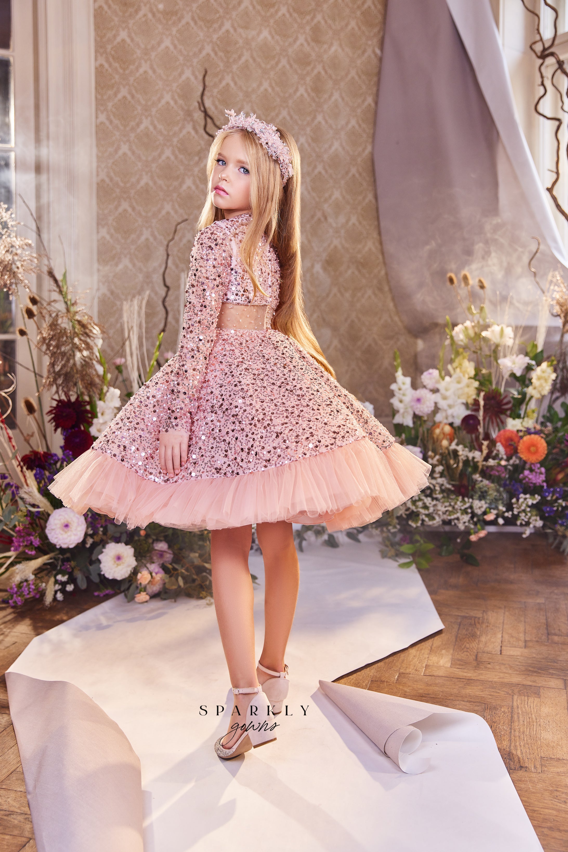 Long Sleeves Flower Girl Short Gown Celestial 3435 Pre Order Custom Size>11 +$50 / DeepSkyBlue
