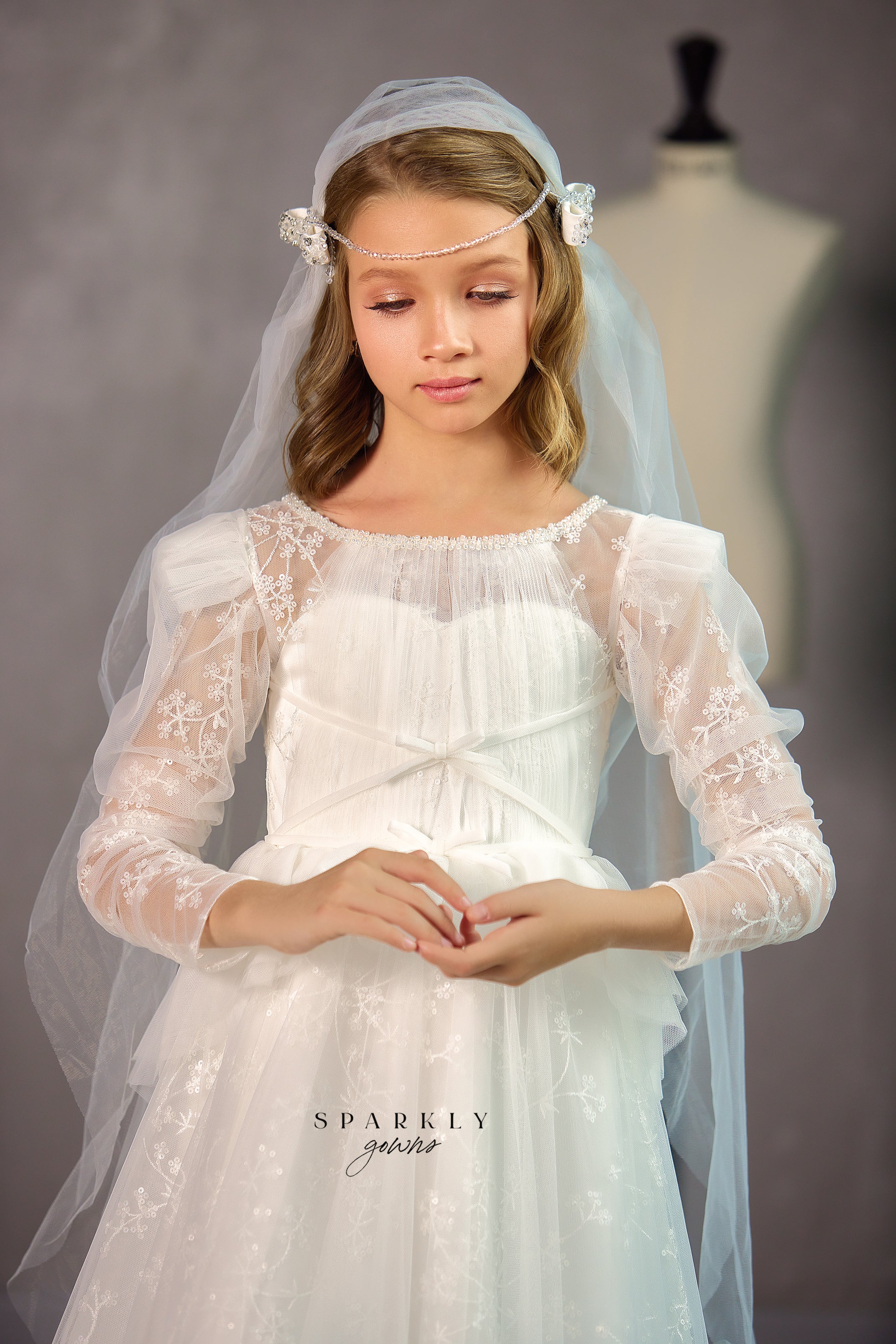 Long Sleeves Flower Girl First Communion Dress Celestial 3502 Pre-order 2-3 years / Ivory