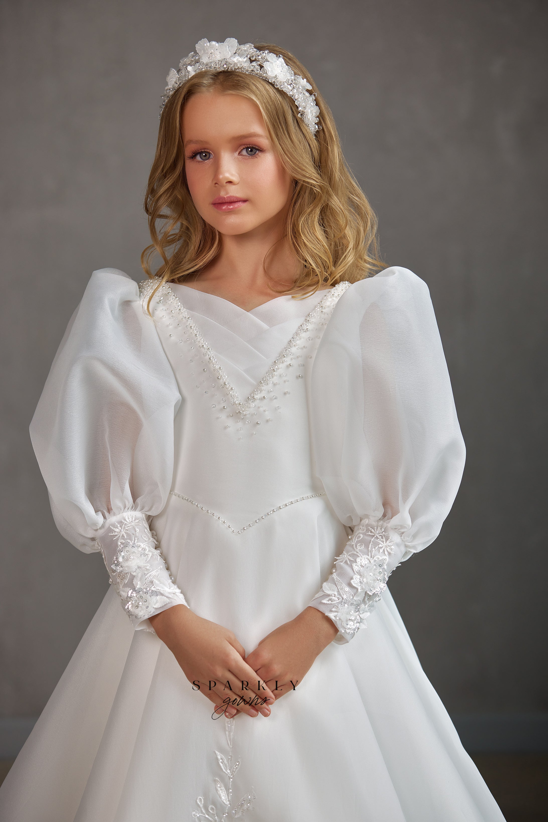 Long Puff Sleeves Girl First Communion Dress Celestial 3508 – Sparkly Gowns