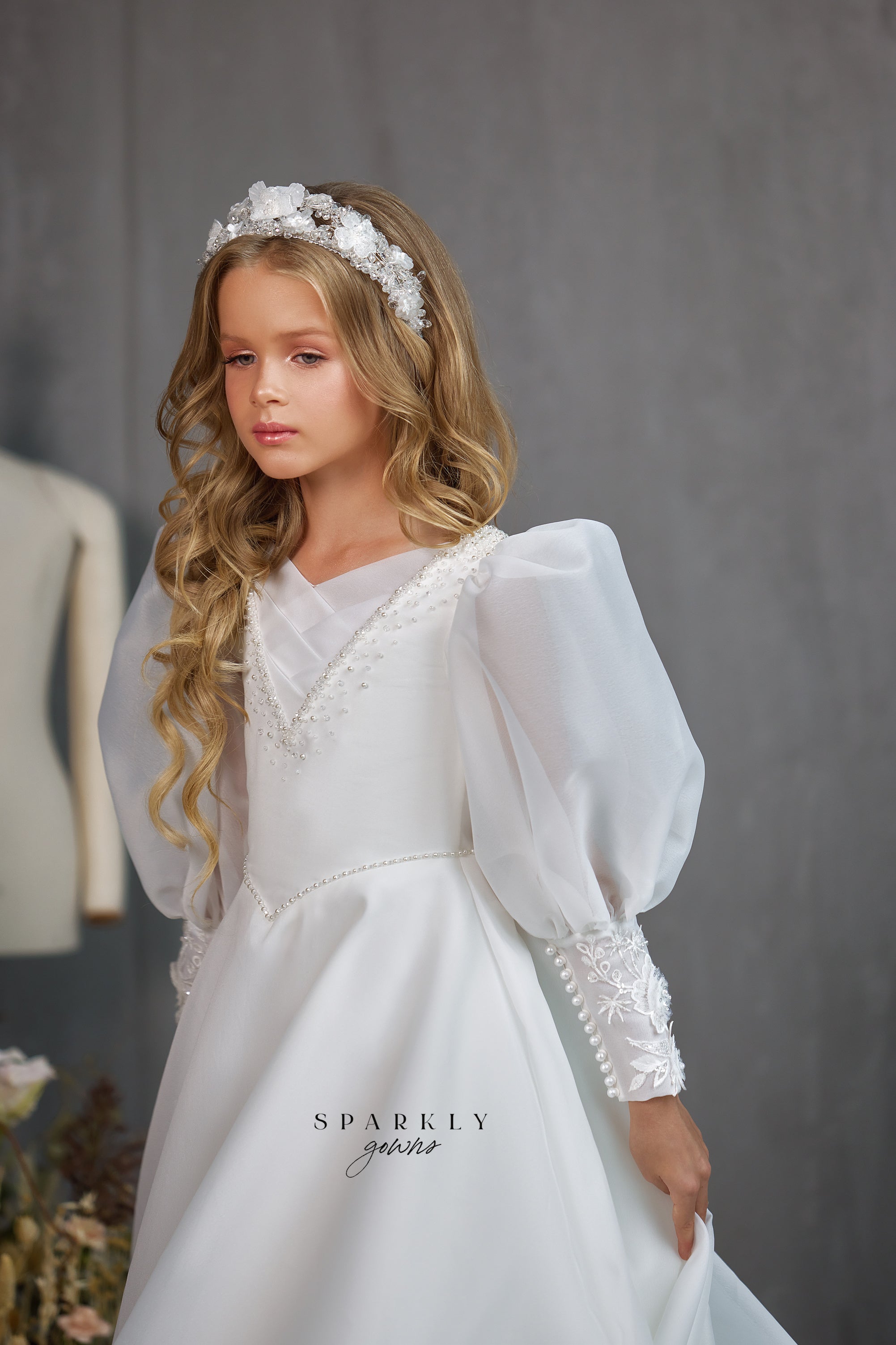 Long Puff Sleeves Girl First Communion Dress Celestial 3508 7-8 years / Ivory Long Puff Sleeves Girl First Communion Dress Celestial 3508 7-8 years / Ivory