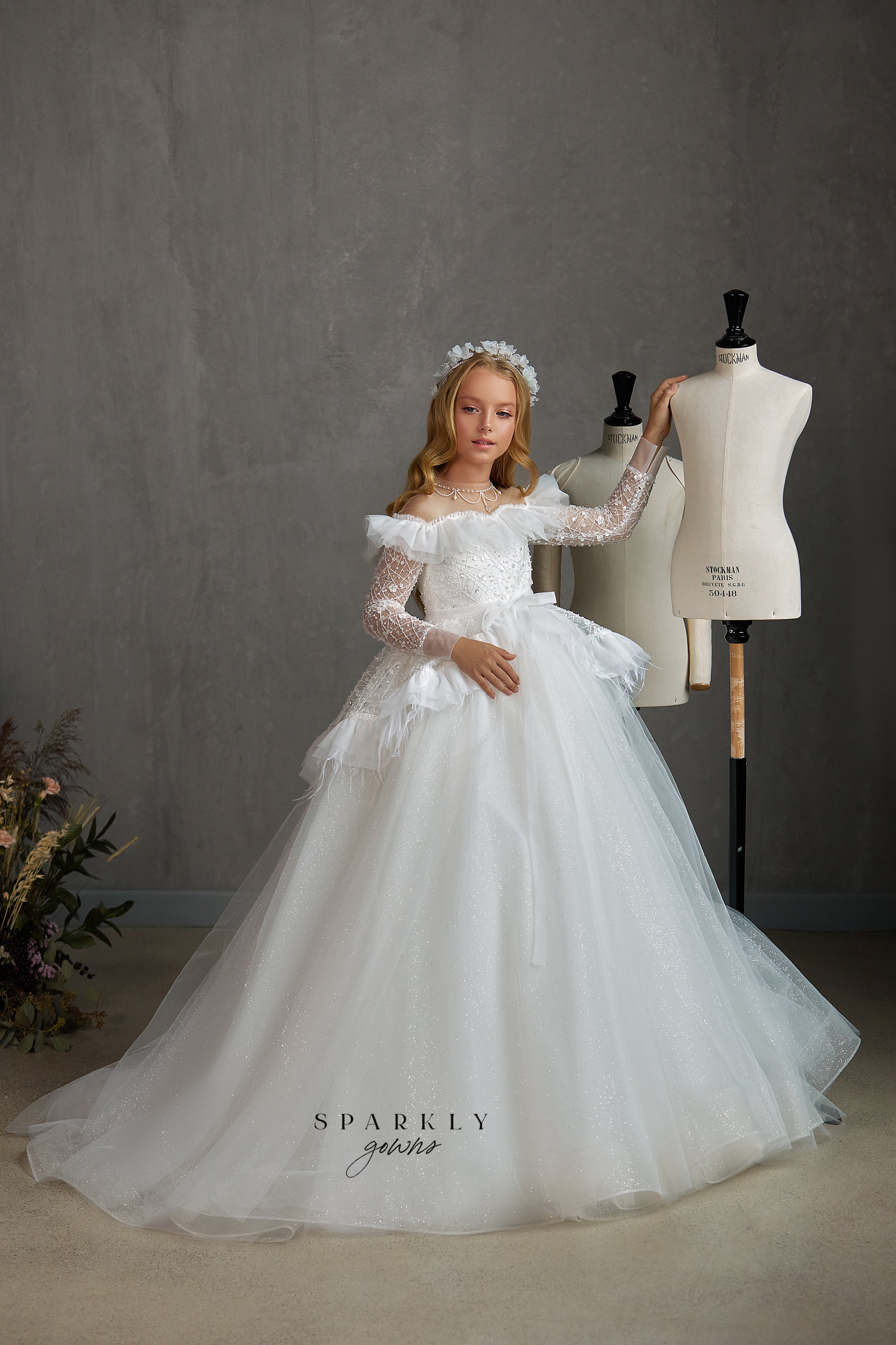 first communion dresses fall river ma French Sleeves Classic Style Dotted Tulle First Communion Dress Celestial 3316 Pre-order 4 years / As in the photo Ivory