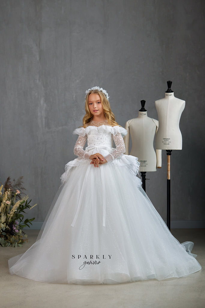 designer communion dresses Illusion Off The Shoulder Girl First Communion Dress Celestial 3510 Pre-order 2-3 years / Ivory