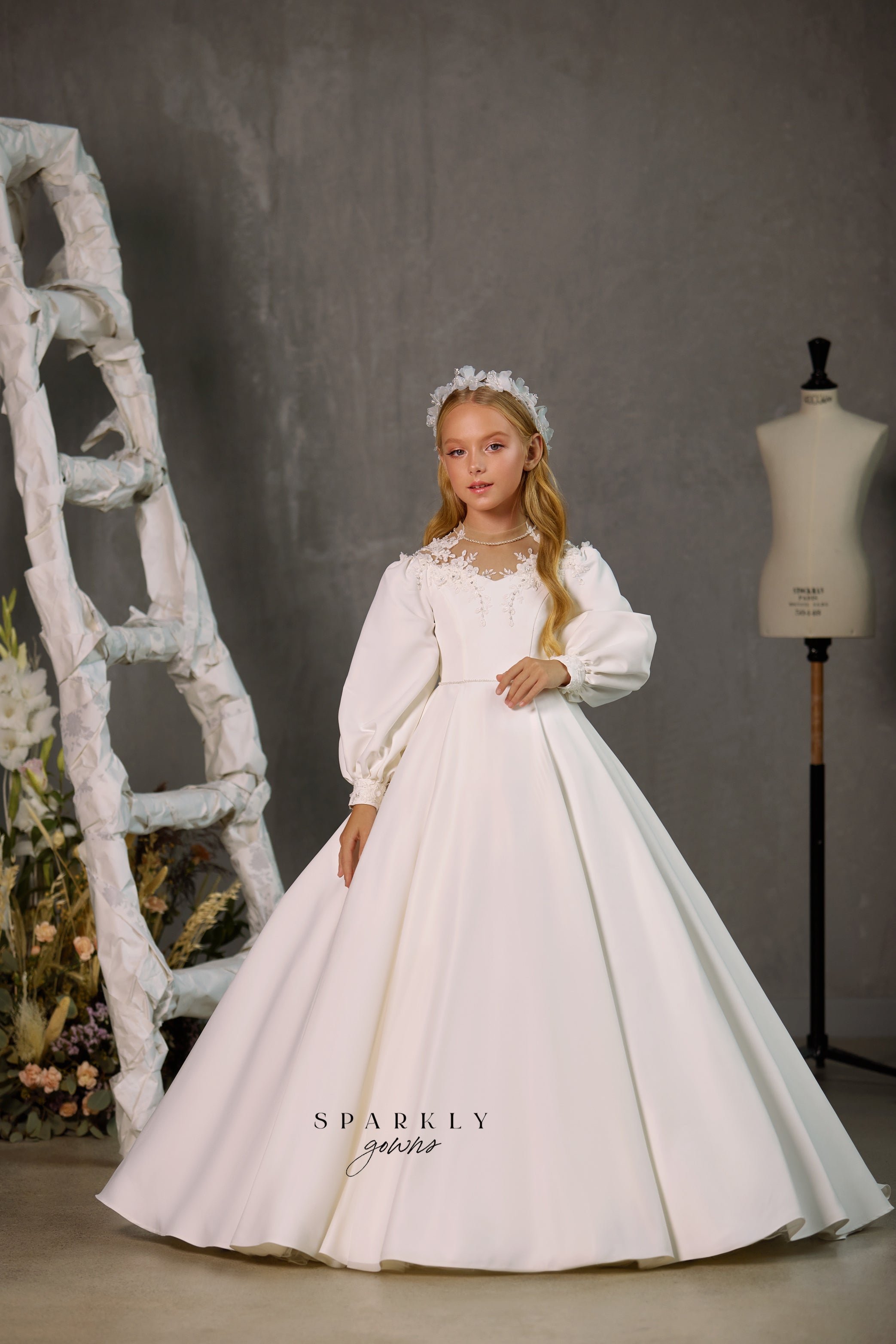 Long Puff Sleeves Girl First Communion Dress Celestial 3513 – Sparkly Gowns