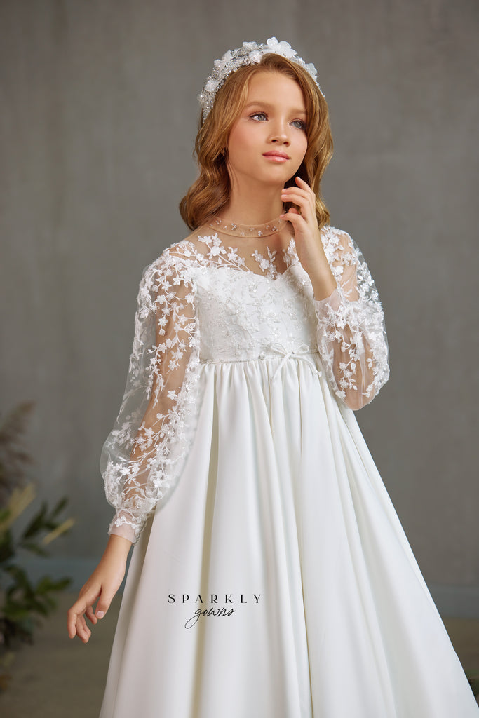 Floral Embroidered Girl First Communion Dress Celestial 3515 7-8 years / Ivory