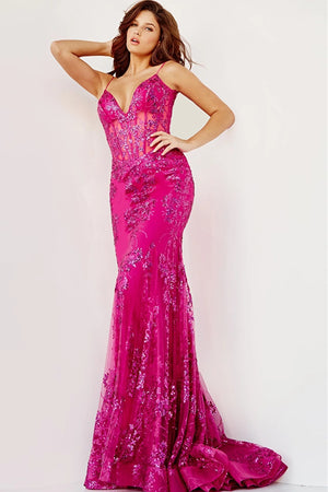 Jovani 3675 Floral Embroidered V-Neckline Prom Dress