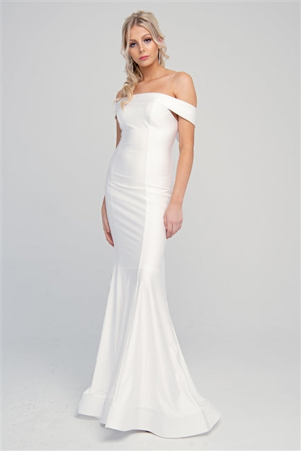 Off-The-Shoulders Satin Fitted Evening Withe Gown AC373W 10 / White Off-The-Shoulders Satin Fitted Evening Withe Gown AC373W 10 / White