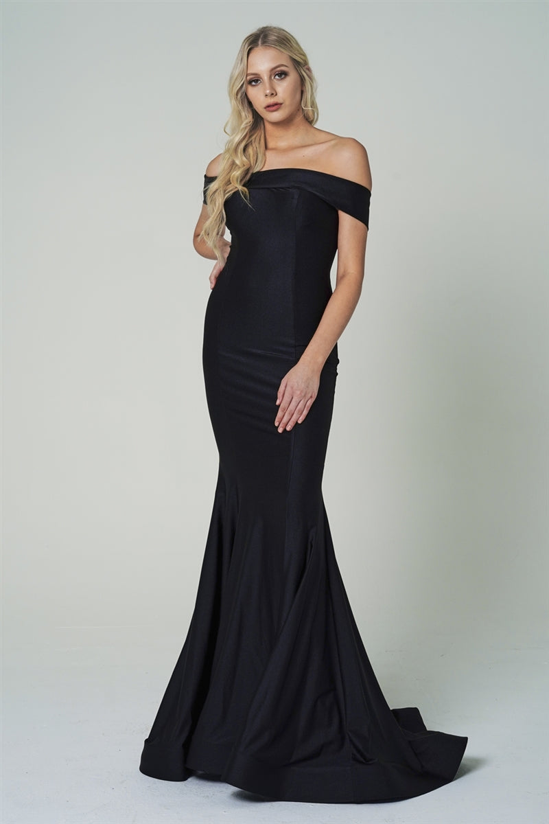 Off-The-Shoulders Satin Fitted Evening Black Dress Ac373 16 / Black Off-The-Shoulders Satin Fitted Evening Black Dress Ac373 16 / Black