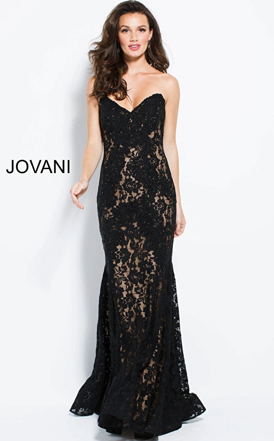 Jovani 37334 Fitted Strapless Lace Formal Dress Prom Evening Dress