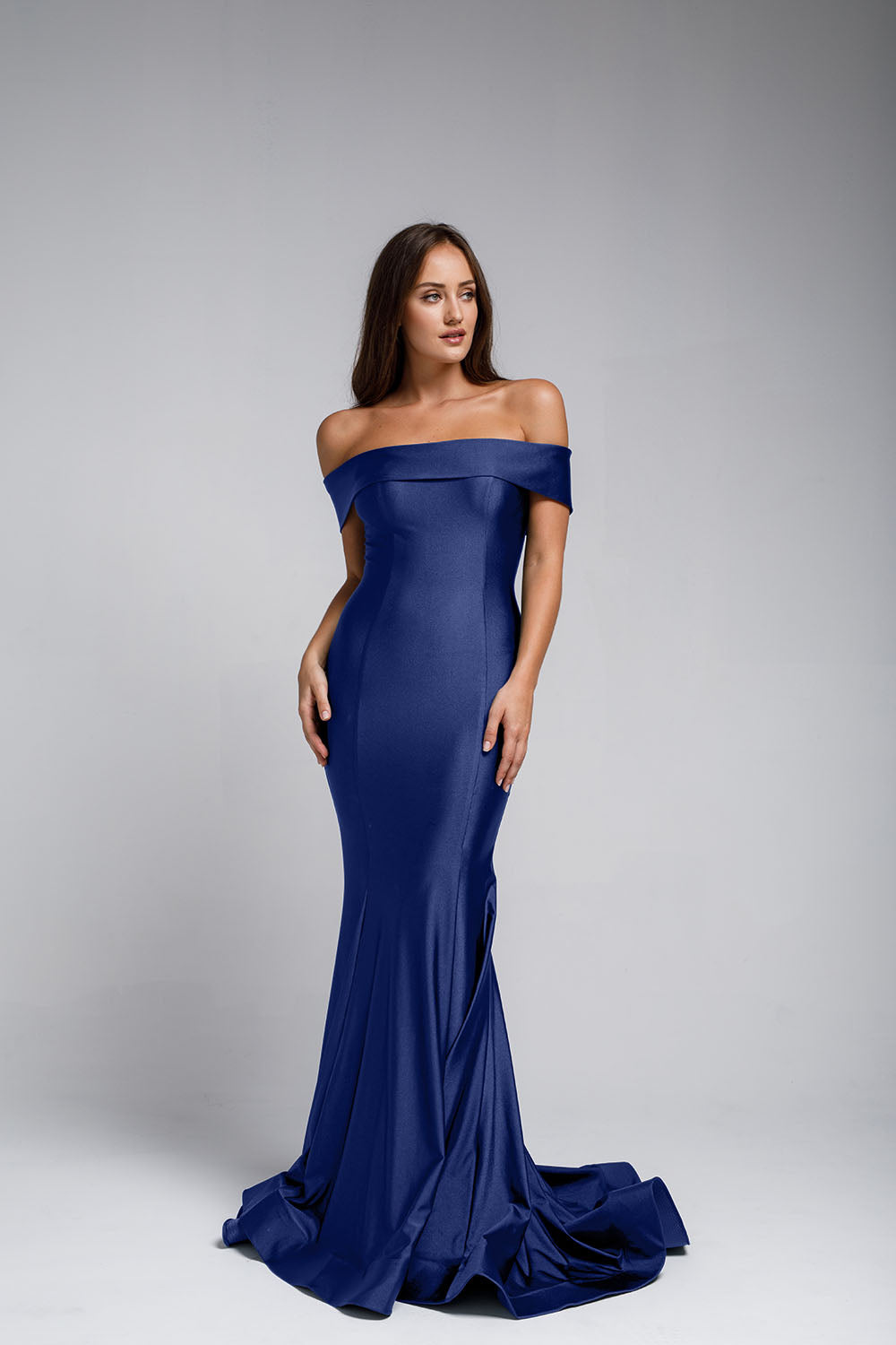 Off-The-Shoulders Satin Fitted Navy Evening Dress Ac373 2 / Navy Off-The-Shoulders Satin Fitted Navy Evening Dress Ac373 2 / Navy
