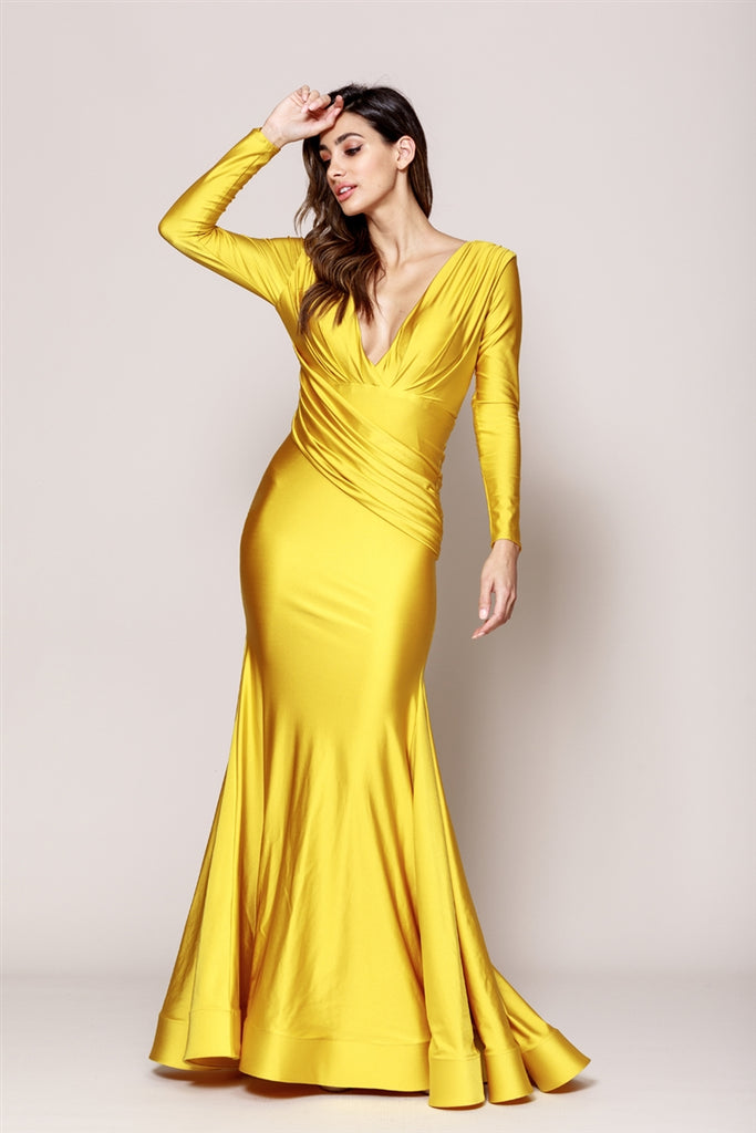 Draped Satin Grecian Column Bridesmaid Dress With Convertible Straps In  Pale Yellow | The Dessy Group