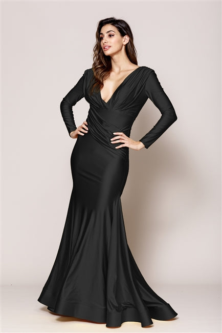 Sophisticated Long Sleeve Satin Black Evening Gown 7478 – Sparkly Gowns
