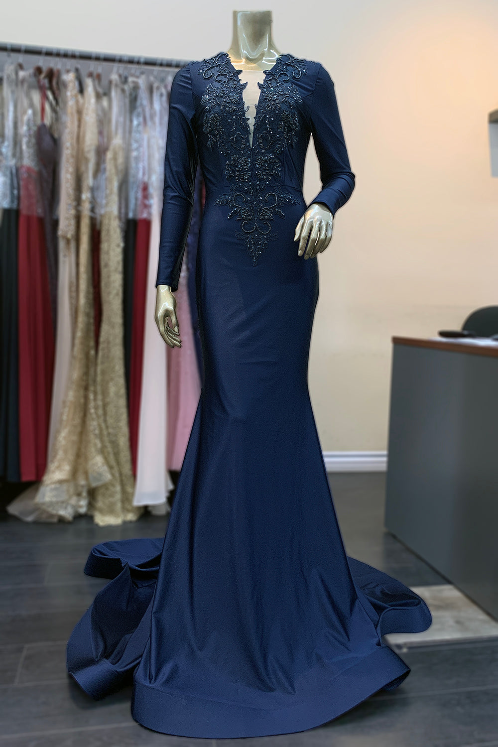Rayon Gown Dress in Navy blue with Printed - GW0547