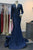 Long Sleeves Satin  V-Neckline Amelia Navy Evening Gown AC382