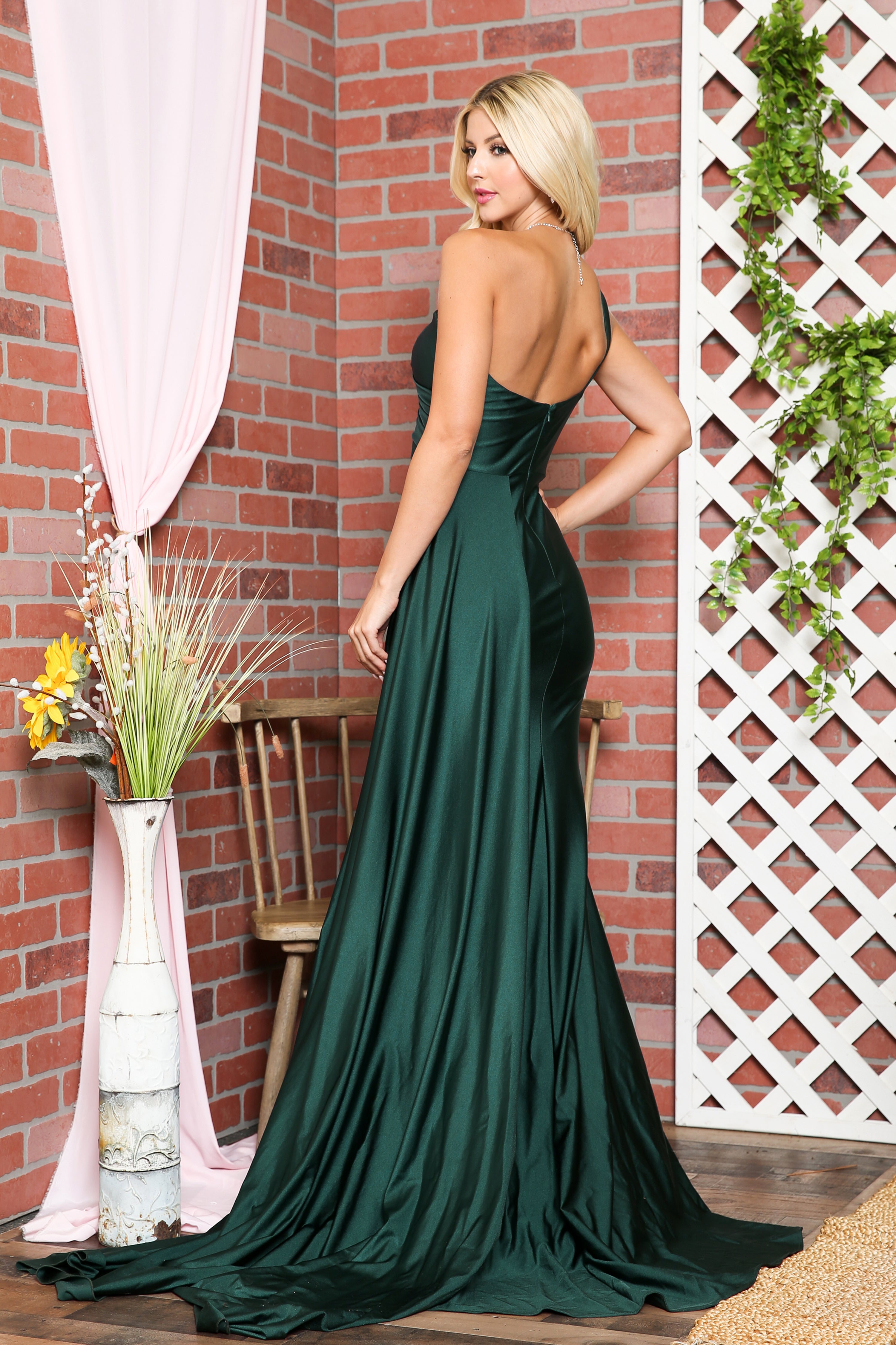 One-Shoulder Satin Fitted Green Emerald Evening Dress AC387 2 / Green One-Shoulder Satin Fitted Green Emerald Evening Dress AC387 2 / Green