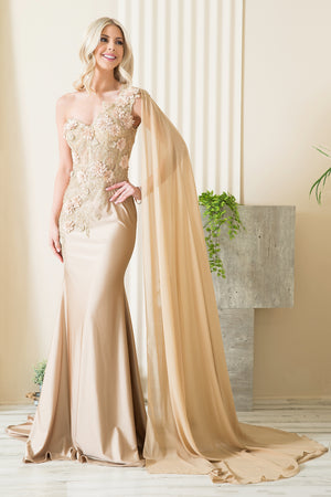 One Shoulder 3D Floral Appliques Long Dress By Amelia Couture 388