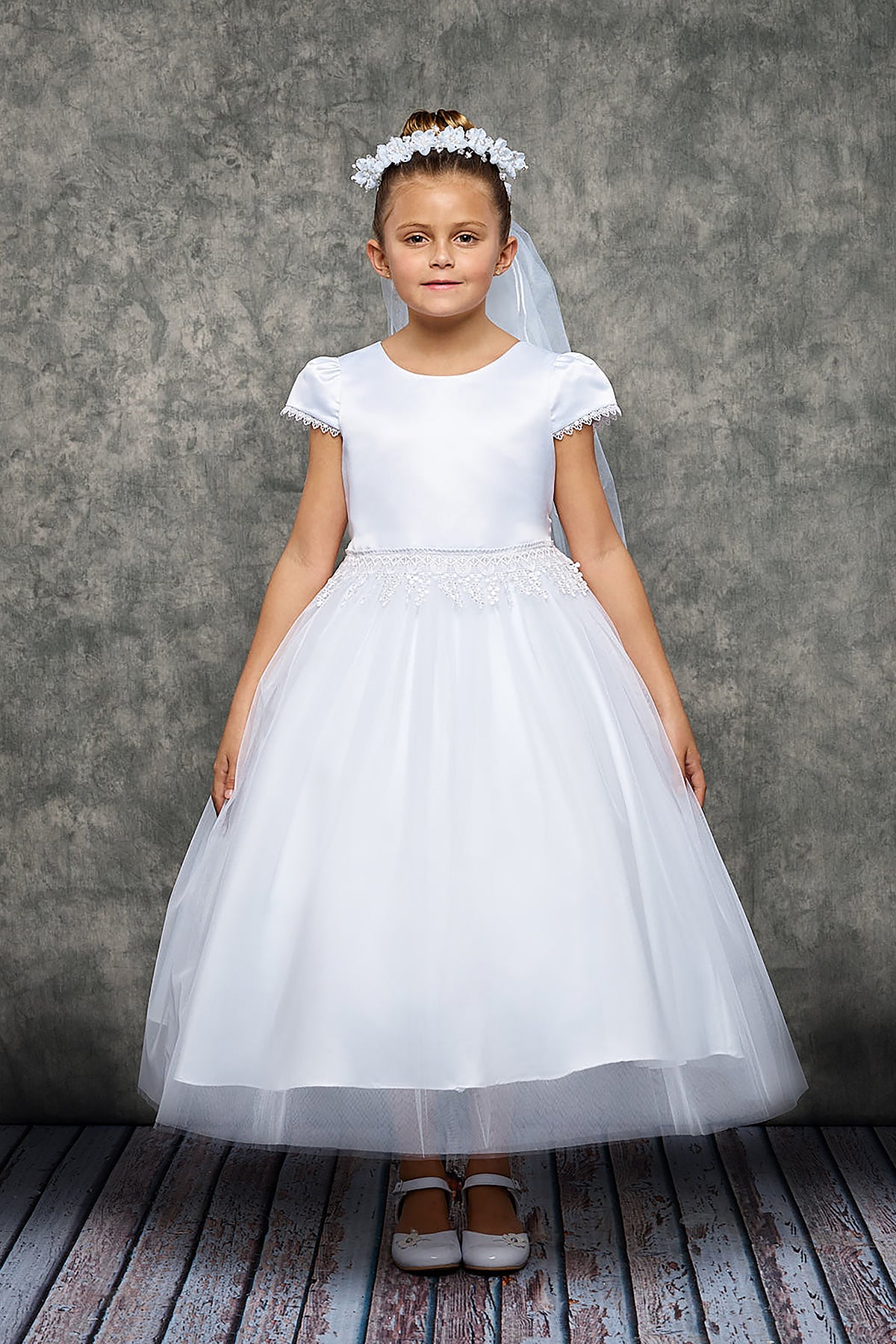 Chandelier Trim Cap Sleeves Satin First Communion Dress 460 8 / White Chandelier Trim Cap Sleeves Satin First Communion Dress 460 8 / White