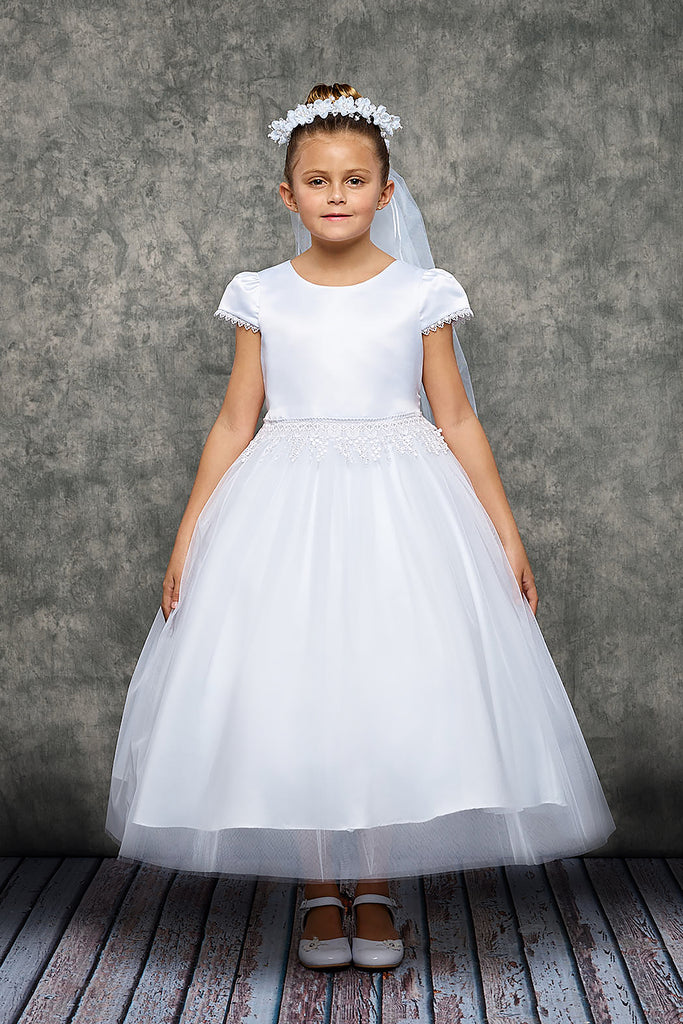 knee length catholic first communion dress Cream Color Flutter Sleeve Tiered First Communion Dress 8