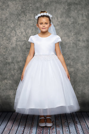 Chandelier Trim Cap Sleeves Satin First Communion Dress 460