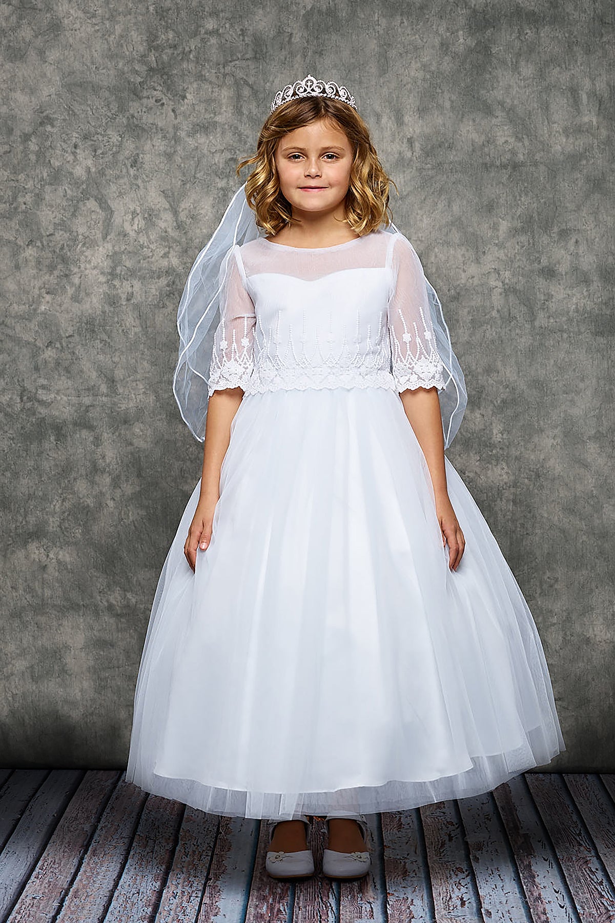 Embroidery Mesh Half Sleeve First Communion Dress 462 6 / White Embroidery Mesh Half Sleeve First Communion Dress 462 6 / White