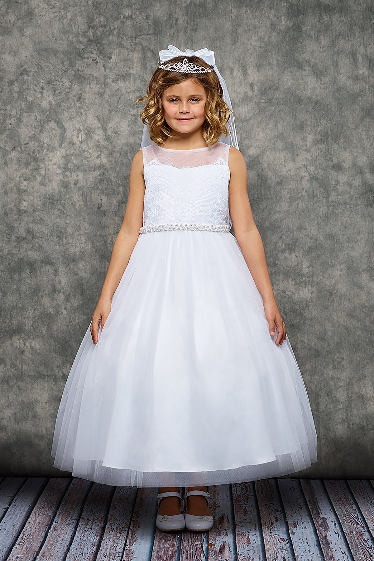 Venetian Lace Illusion First Communion Dress 16 / White Venetian Lace Illusion First Communion Dress 16 / White