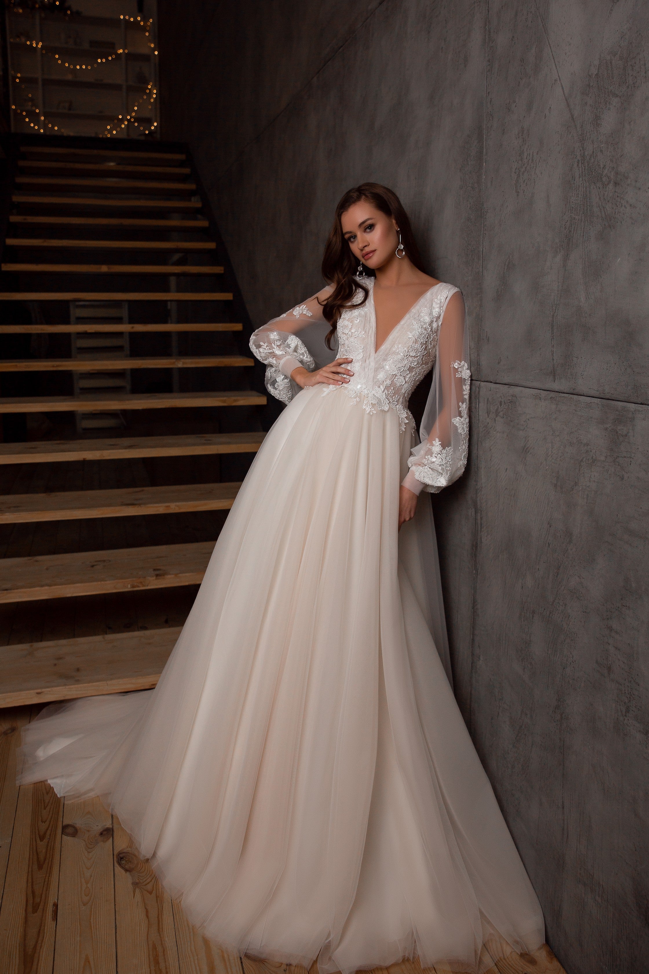 V-Neckline Bishop Sleeves Sophisticated Wedding Gown Pentelei 5104 Pre-Order 2 / Cappuccino (Wheat) V-Neckline Bishop Sleeves Sophisticated Wedding Gown Pentelei 5104 Pre-Order 2 / Cappuccino (Wheat)