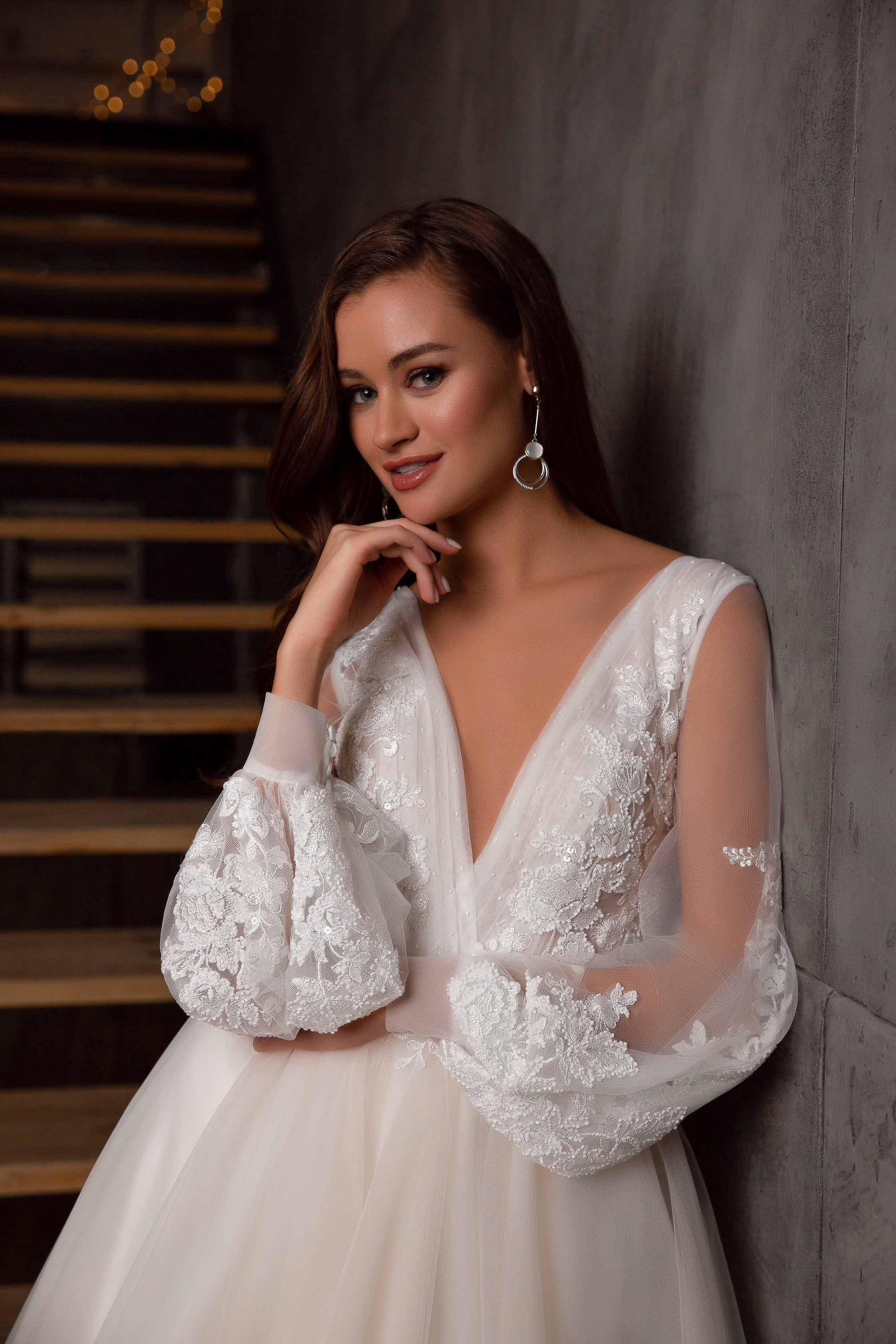 V-Neckline Bishop Sleeves Sophisticated Wedding Gown Pentelei 5104 –  Sparkly Gowns