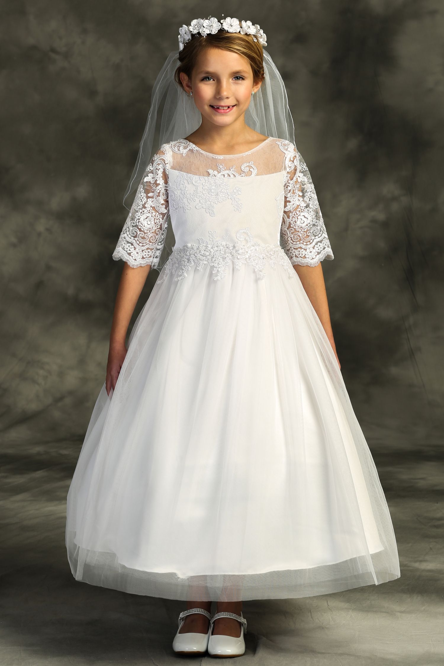 cording dress Half Sleeve Cording Lace Waterfall First Communion Dress 510 – Sparkly Gowns