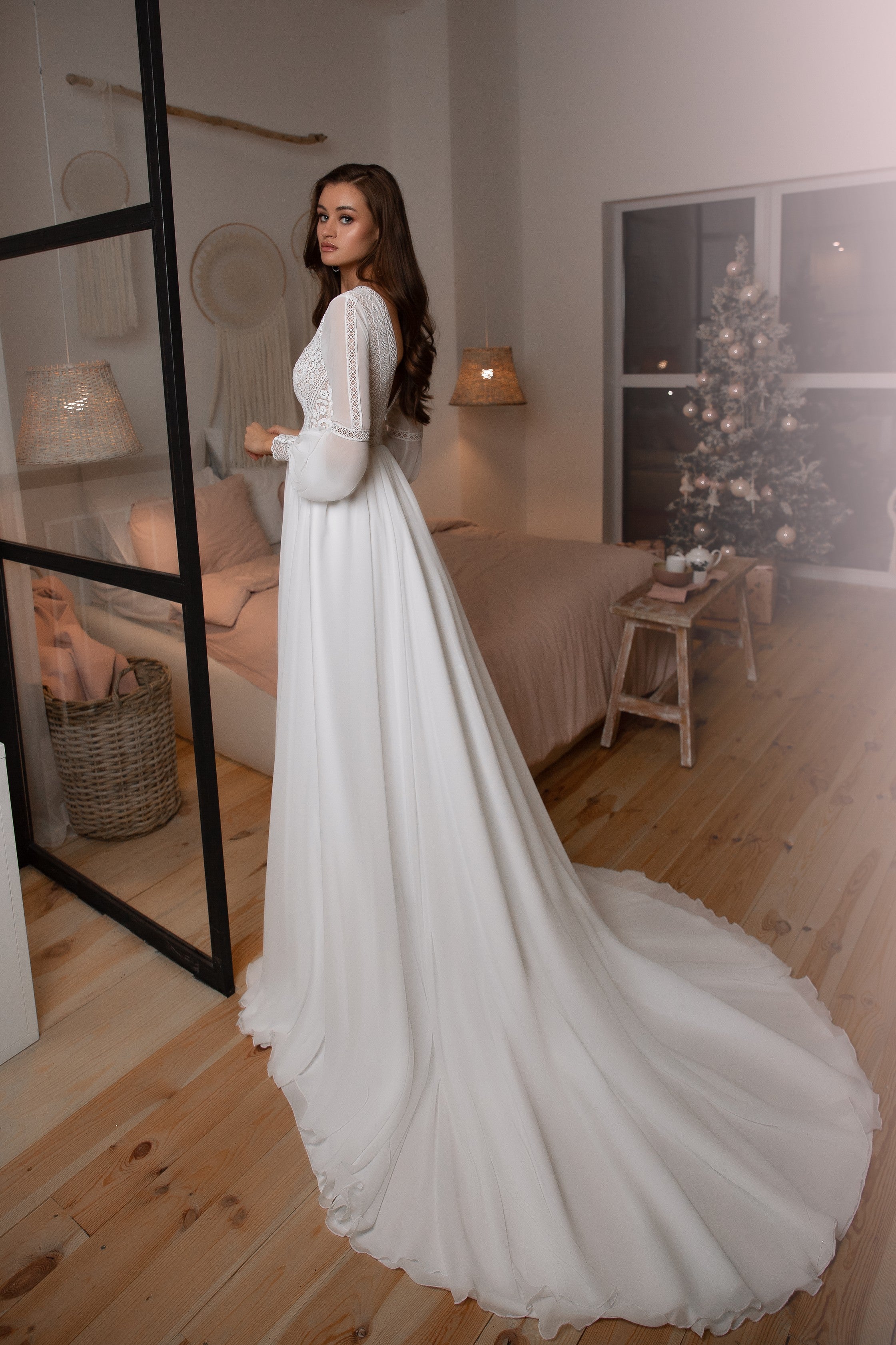 Long Sleeves V-Neckline Bishop Sleeves Sophisticated Wedding Gown Pentelei 5120 Pre-Order 6 / Ivory Long Sleeves V-Neckline Bishop Sleeves Sophisticated Wedding Gown Pentelei 5120 Pre-Order 6 / Ivory