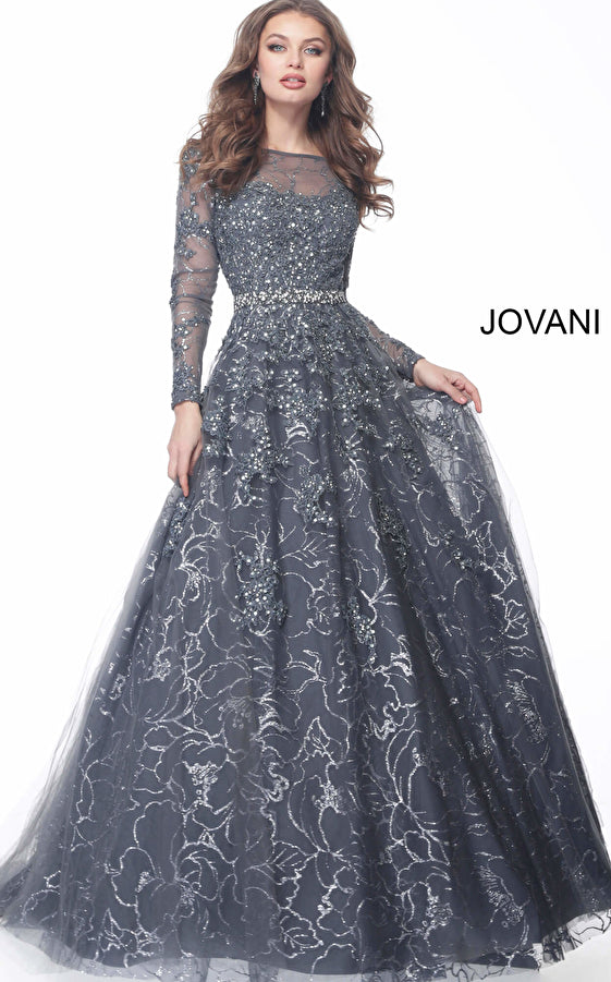 Glitter Embellished Long Sleeves Dress Jovani 51838 6 / Gunmetal (DimGray) Glitter Embellished Long Sleeves Dress Jovani 51838 6 / Gunmetal (DimGray)