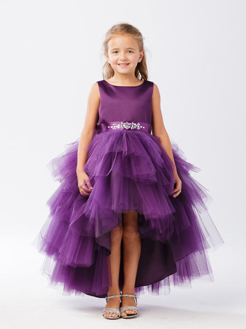 purple eggplant dress Eggplant Ruffled Tulle High-Low Flower Girl Dress 5658 – Sparkly Gowns