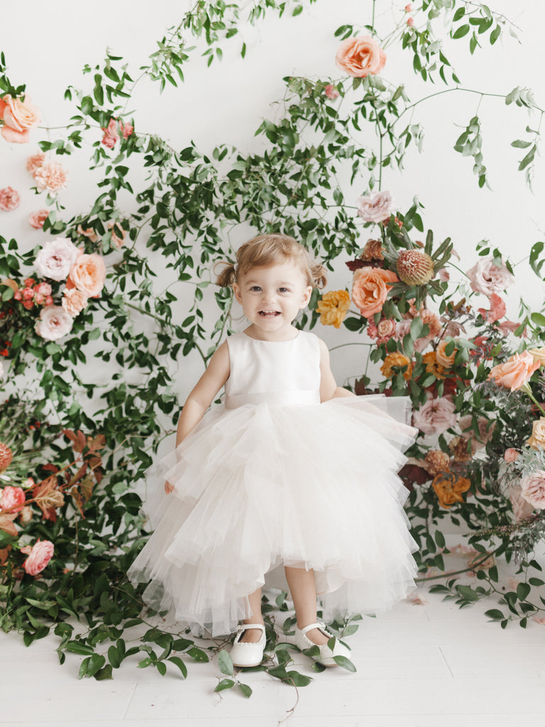 Champagne Ruffled Tulle High-Low Flower Girl Dress 5658CH 12 / Champagne (Wheat)