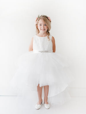 High Low with Lace Bodice and removable Beaded Sash Flower Girl Dress