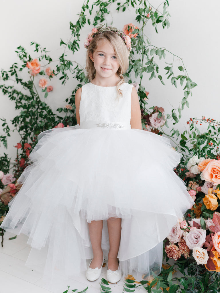 High Low with Lace Bodice and removable Beaded Sash Flower Girl Dress ...