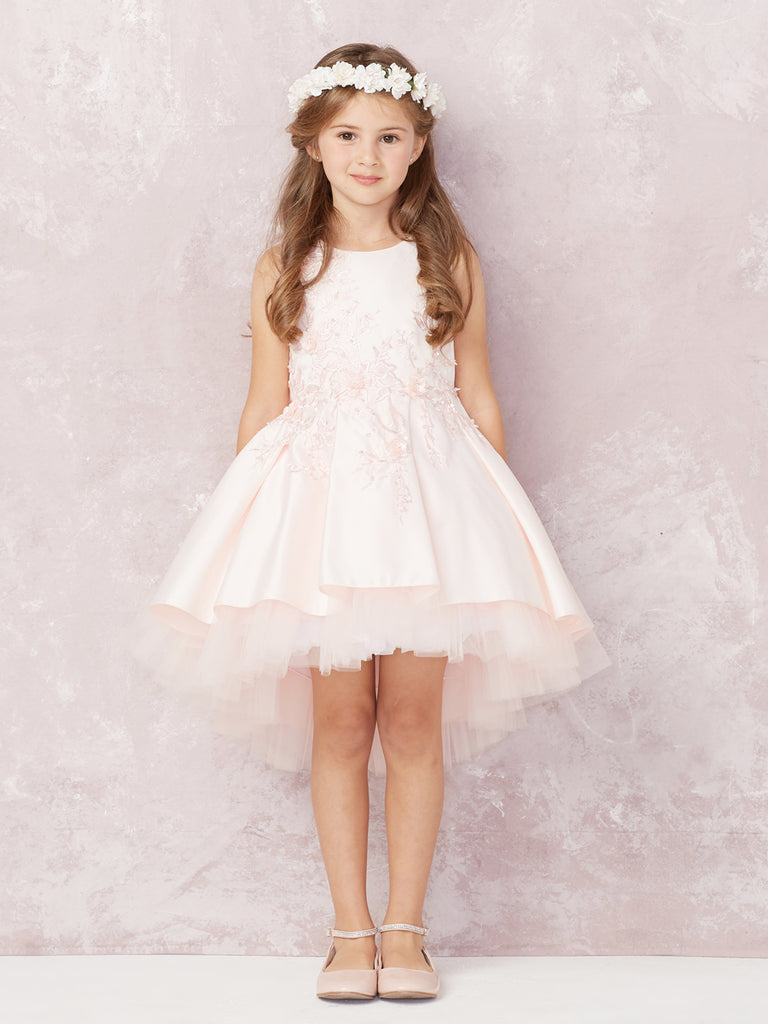 High Low Mikado Lace Appliques Flower Girl Dress 5760