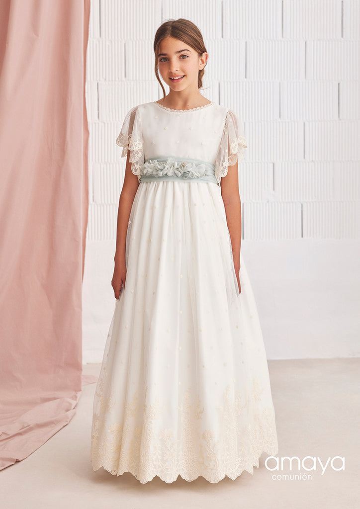 Short Sleeves Lace and Dotted Tulle  Spanish Communion Gown Amaya  577013 Sisine