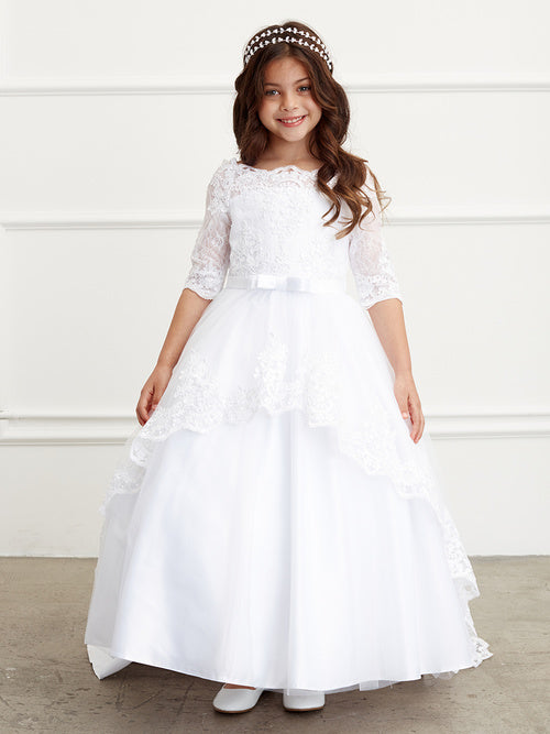 Modest Off-the-Shoulder 3/4 Sleeves Lace First Communion Flower Girl Gown 5773 10 / Ivory Modest Off-the-Shoulder 3/4 Sleeves Lace First Communion Flower Girl Gown 5773 10 / Ivory