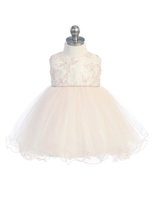 Baptism Lace Bodice with Rhinestone Strip Waist White Flower Girl Dress Infant  5786S