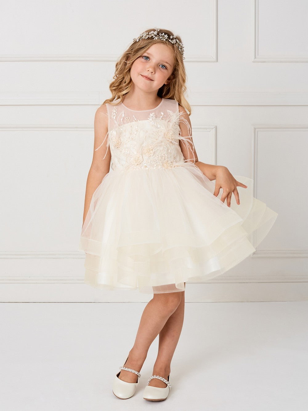 Sleeveless Illusion Neckline Short Champagne Flower Girl Dress Tip Top – Sparkly Gowns