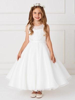 Plus Size Organza Skirt Illusion Neckline First Communion Flower Girl Dress  5813