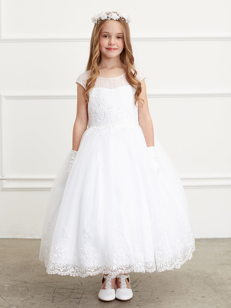 Scalloped hemline   White Communion Flower Girl Dress  5819