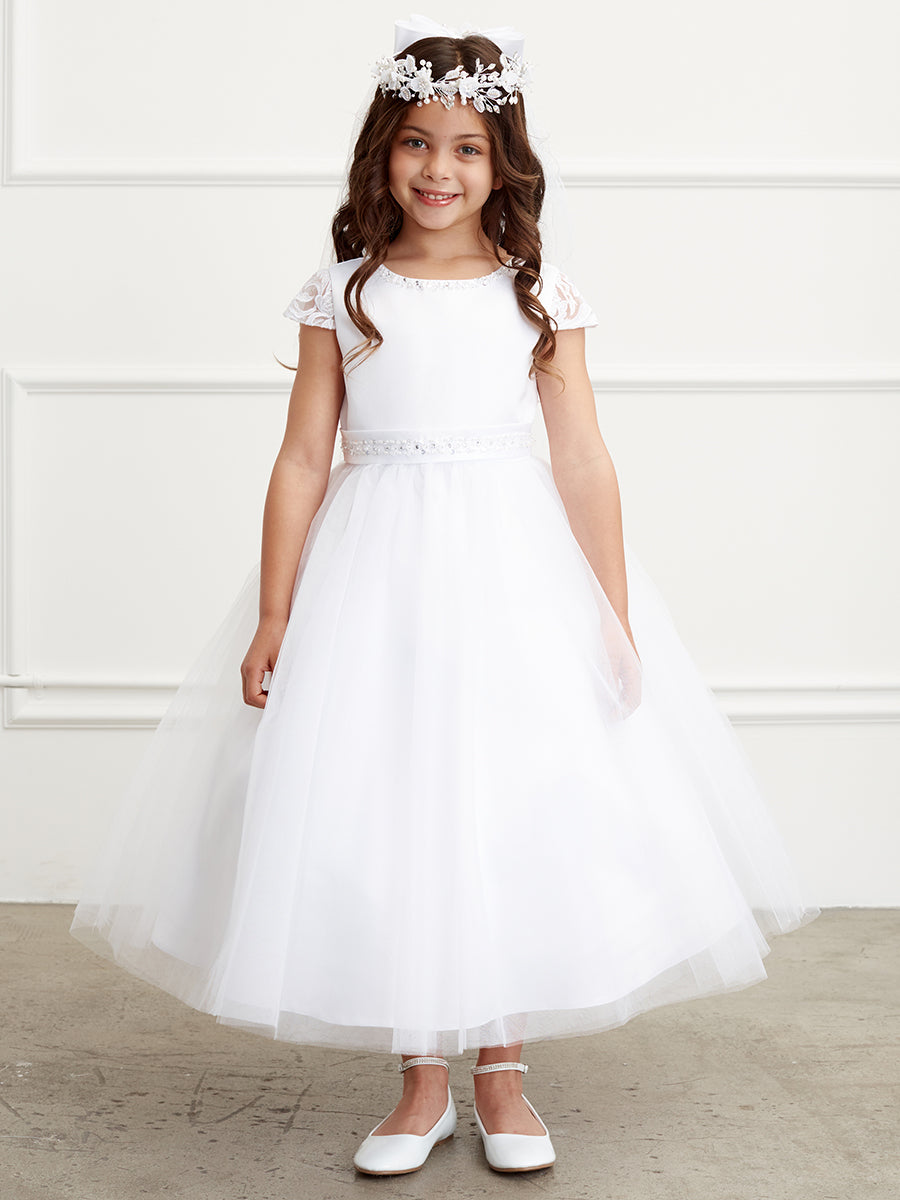 lace cap sleeve communion dress CC_2912 - Cap Sleeve Communion Dress with Lace and Bead Details - All First Communion Dresses - Flower Girl Dresses