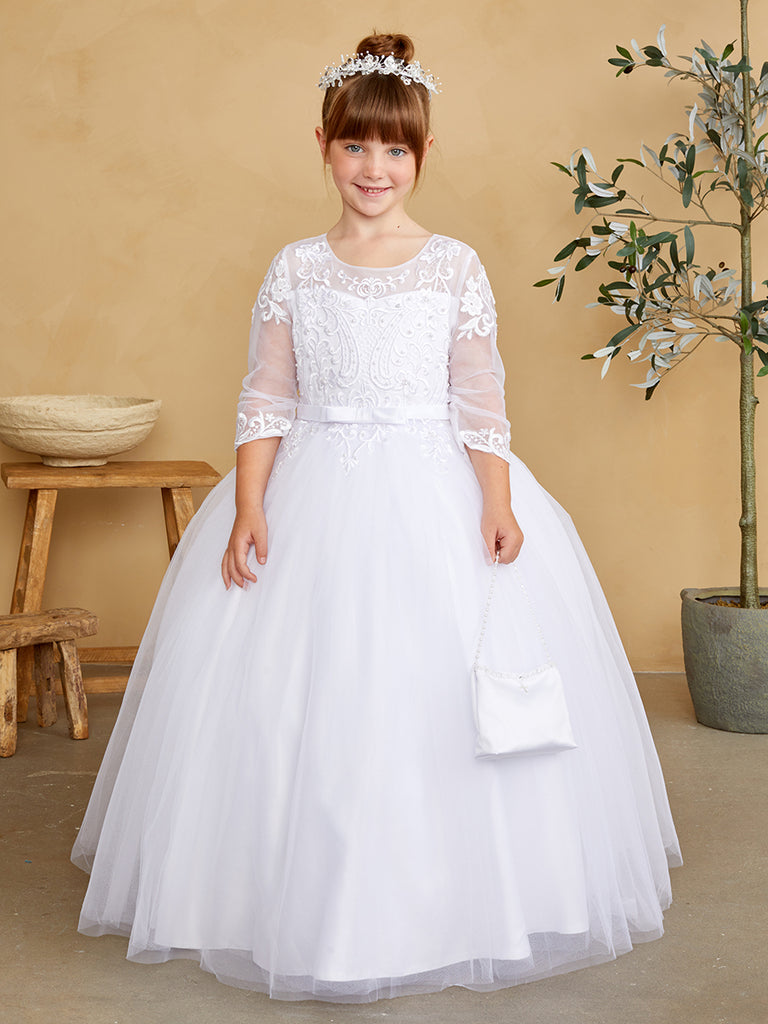 Illusion Neckline and Lace Applique Pageant Flower Girl 5830 10 / White Illusion Neckline and Lace Applique Pageant Flower Girl 5830 10 / White