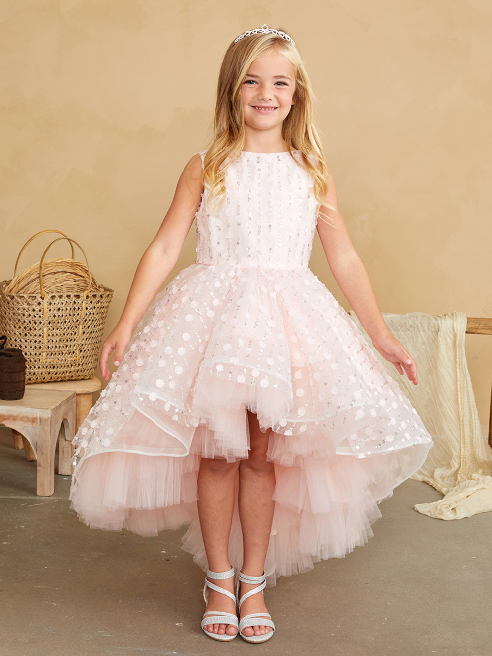 Beaded Pattern High Low Dress with 3D Flowers 5837 2 / Champagne (Wheat) Beaded Pattern High Low Dress with 3D Flowers 5837 2 / Champagne (Wheat)
