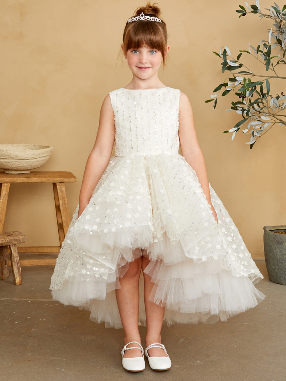Beaded Pattern High Low Dress with 3D Flowers 5837 6 / Ivory Beaded Pattern High Low Dress with 3D Flowers 5837 6 / Ivory