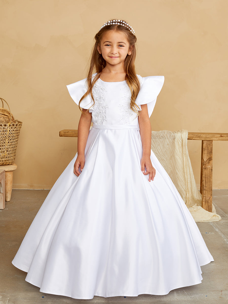 Satin Dress with Butterfly Sleeves and Lace Appliques 5840 – Sparkly Gowns Satin Dress with Butterfly Sleeves and Lace Appliques 5840 – Sparkly Gowns