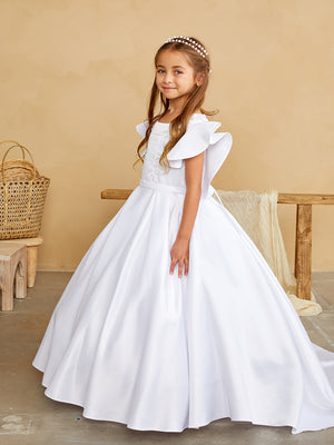Satin Dress with Butterfly Sleeves and Lace Appliques 5840