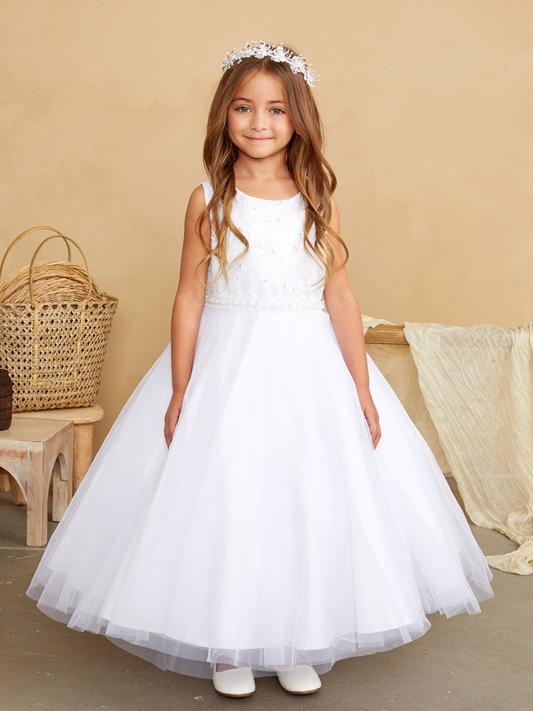 Lace Bodice with Tulle Overlay Skirt and Pearl Sash 5846 2 / White Lace Bodice with Tulle Overlay Skirt and Pearl Sash 5846 2 / White