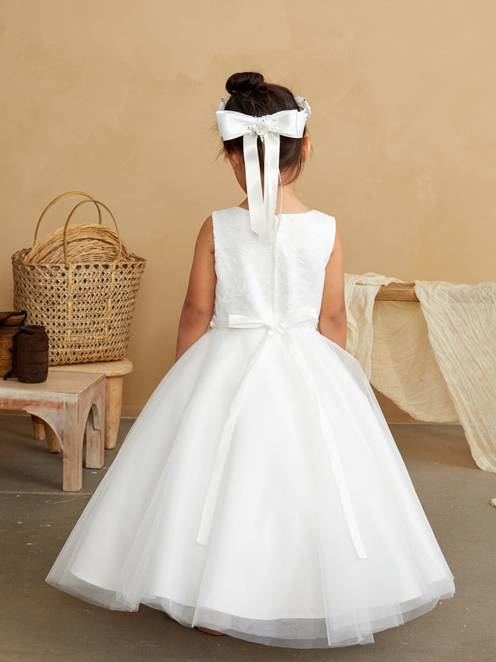 Lace Bodice with Tulle Overlay Skirt and Pearl Sash 5846 2 / White Lace Bodice with Tulle Overlay Skirt and Pearl Sash 5846 2 / White